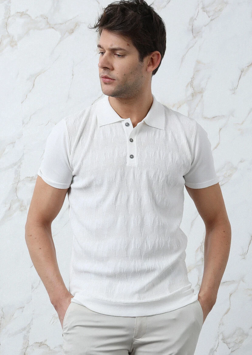 Ekru Polo Yaka Jakarlı Triko - 3