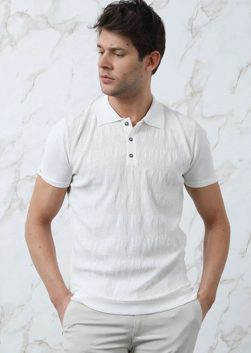 Ekru Polo Yaka Jakarlı Triko - 3