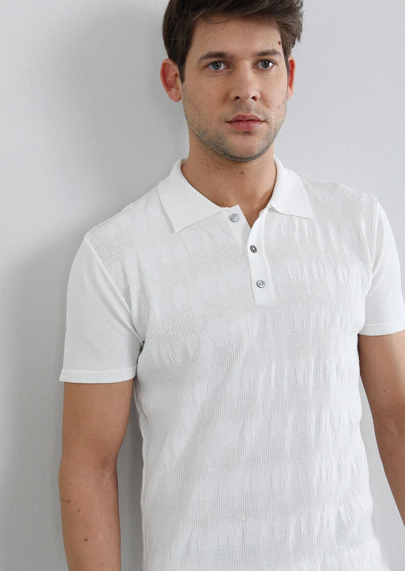 Ekru Polo Yaka Jakarlı Triko - 4