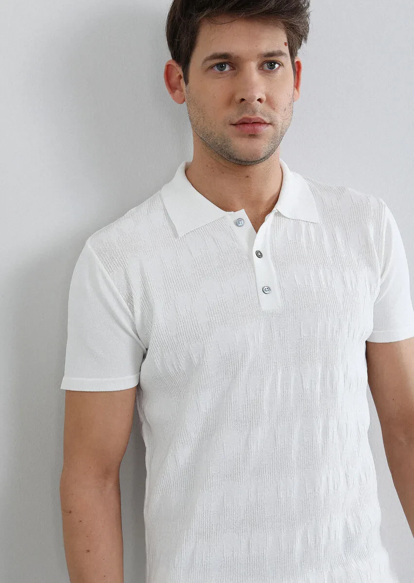Ekru Polo Yaka Jakarlı Triko - 4