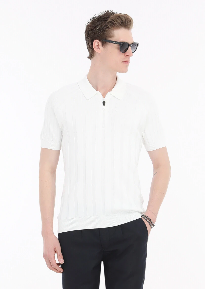 Ekru Polo Yaka Jakarlı Triko - 3