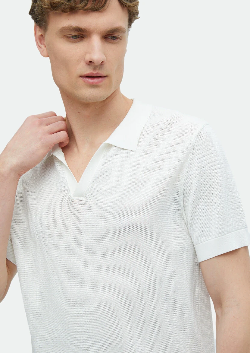 Ekru Polo Yaka Jakarlı Triko - RAMSEY