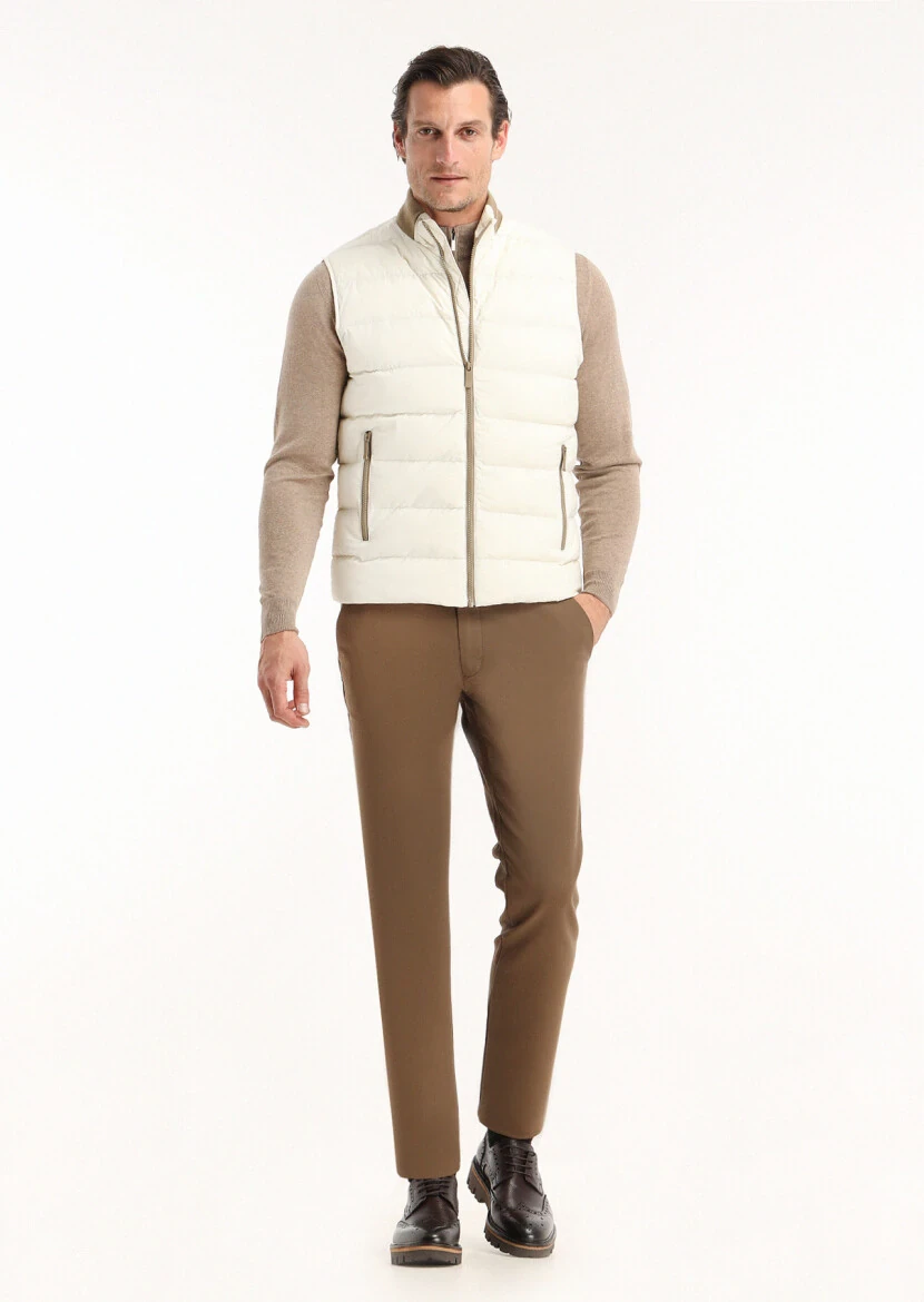 Ekru Regular Fit Dik Yaka Casual Dokuma Spor Yelek - 1