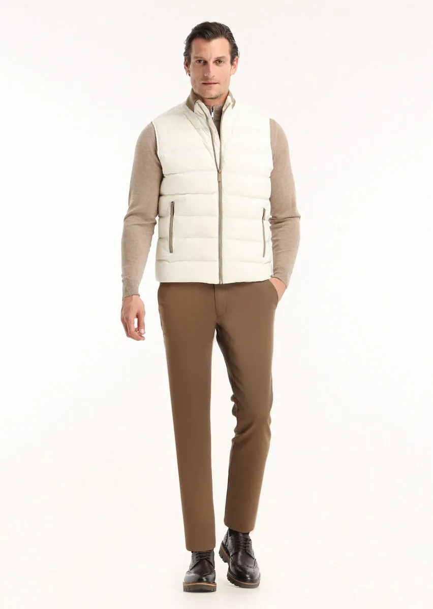 Ekru Regular Fit Dik Yaka Casual Dokuma Spor Yelek - 1