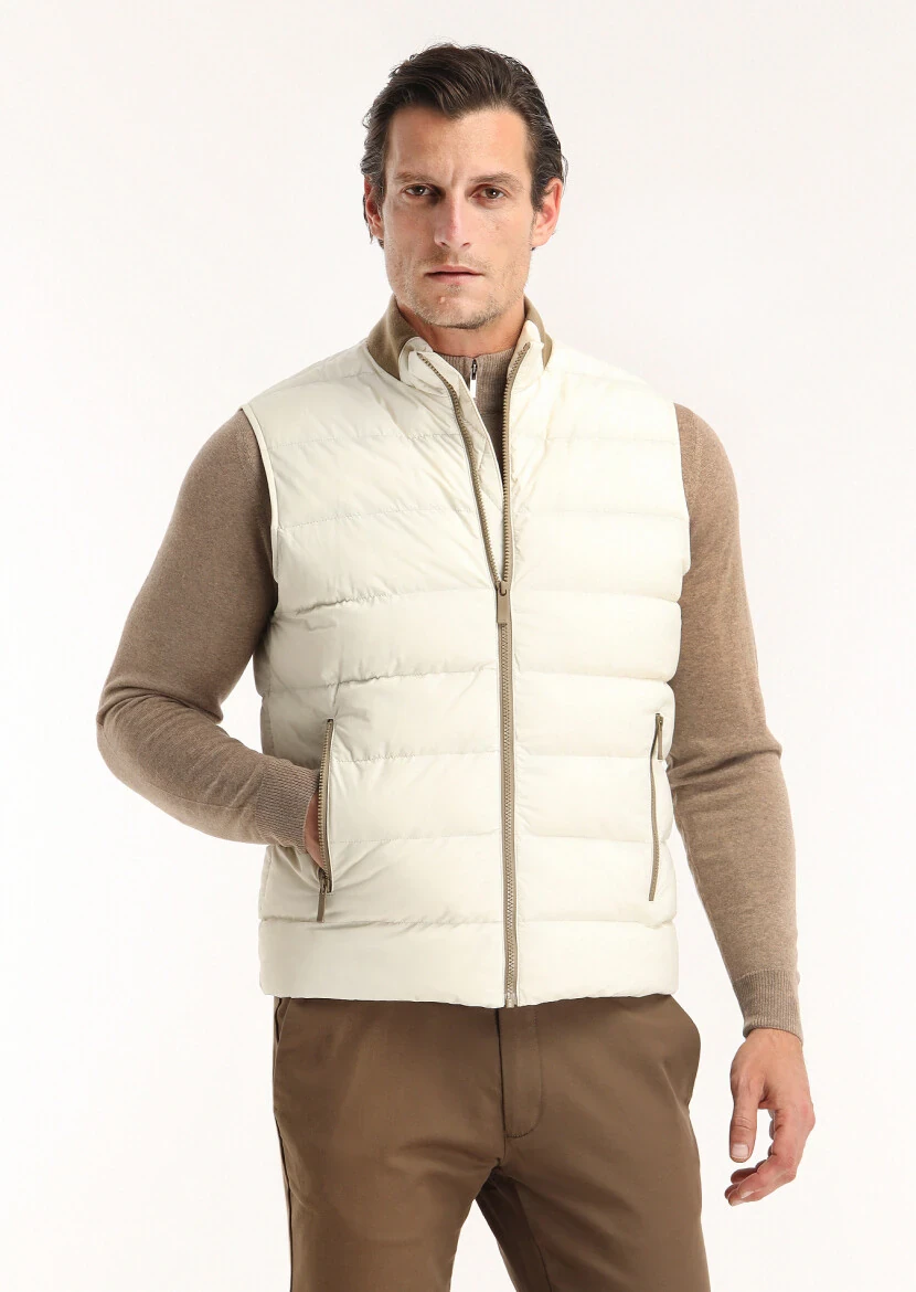 Ekru Regular Fit Dik Yaka Casual Dokuma Spor Yelek - 2