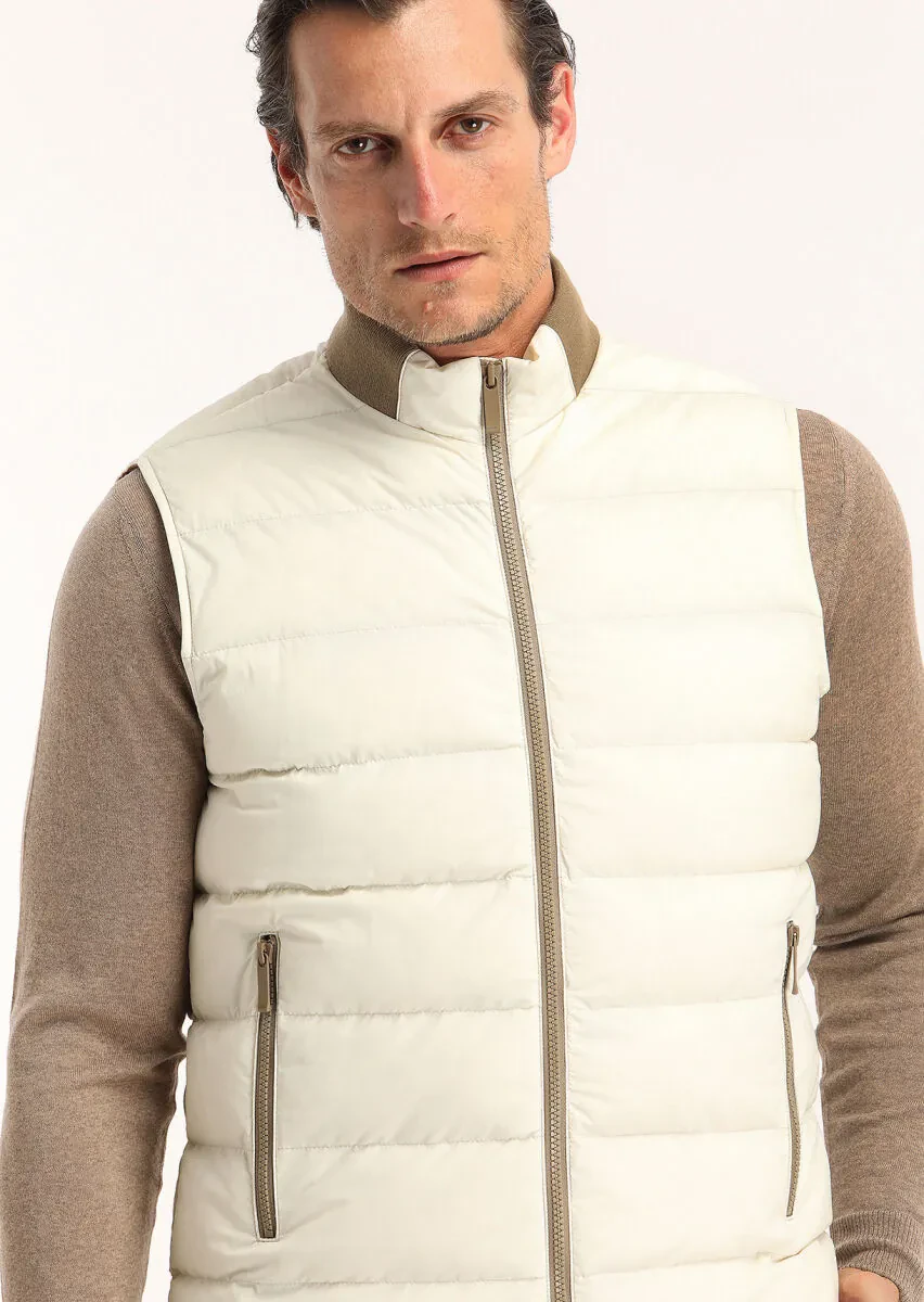 Ekru Regular Fit Dik Yaka Casual Dokuma Spor Yelek - 3