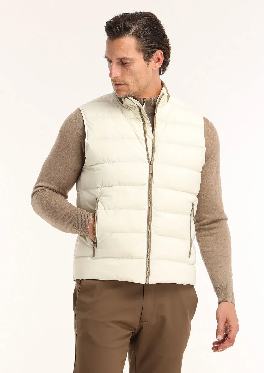 Ekru Regular Fit Dik Yaka Casual Dokuma Spor Yelek - 4