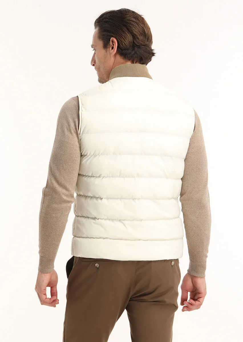 Ekru Regular Fit Dik Yaka Casual Dokuma Spor Yelek - 5