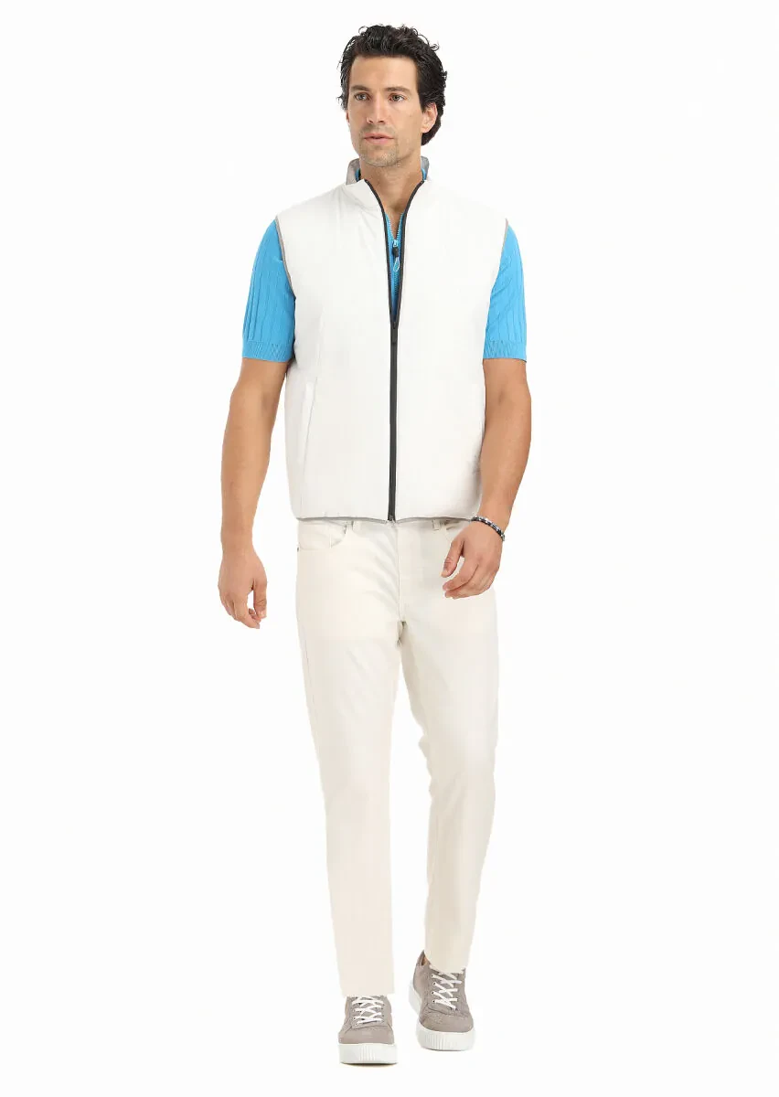 Ekru Regular Fit Dik Yaka Casual Dokuma Spor Yelek - 1