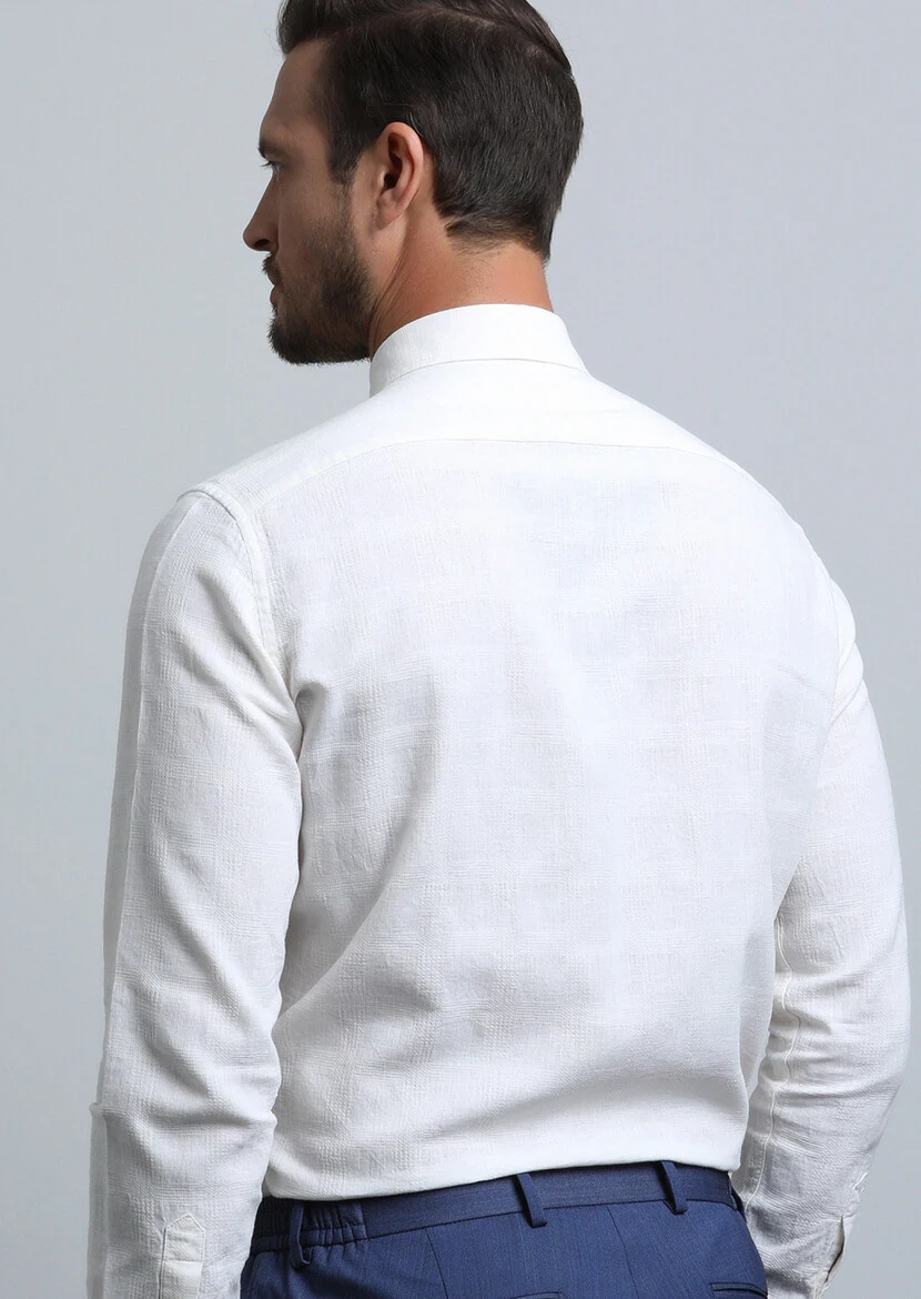 Ekru Regular Fit Dokuma Casual Pamuk Karışımlı Gömlek - 5