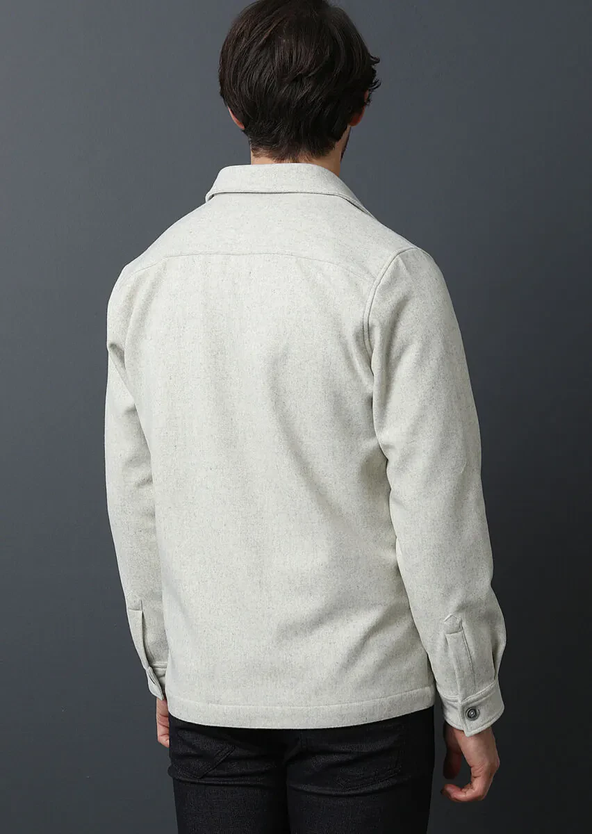 Ekru Regular Fit Dokuma Yün Karışımlı Overshırt - 4