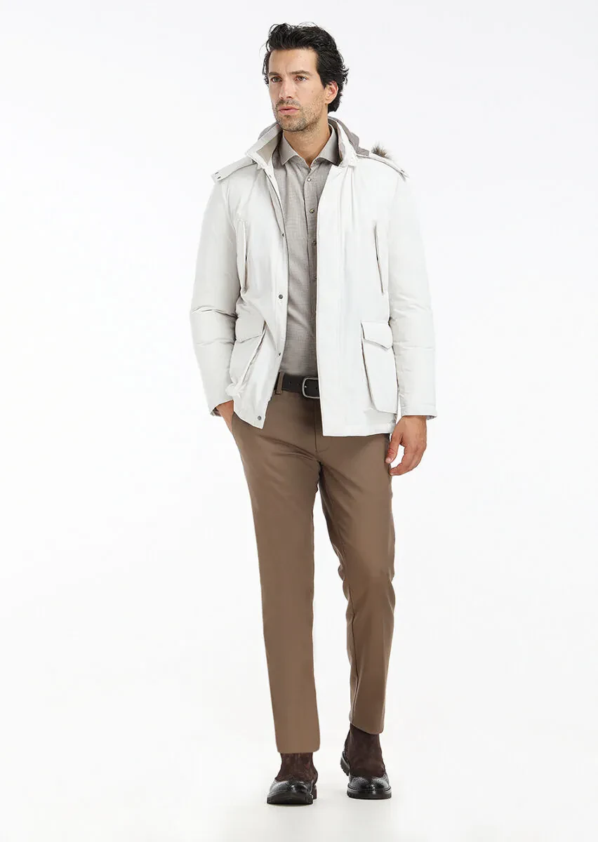 Ekru Regular Fit Kapüşonlu Casual Dokuma Kaban - 1