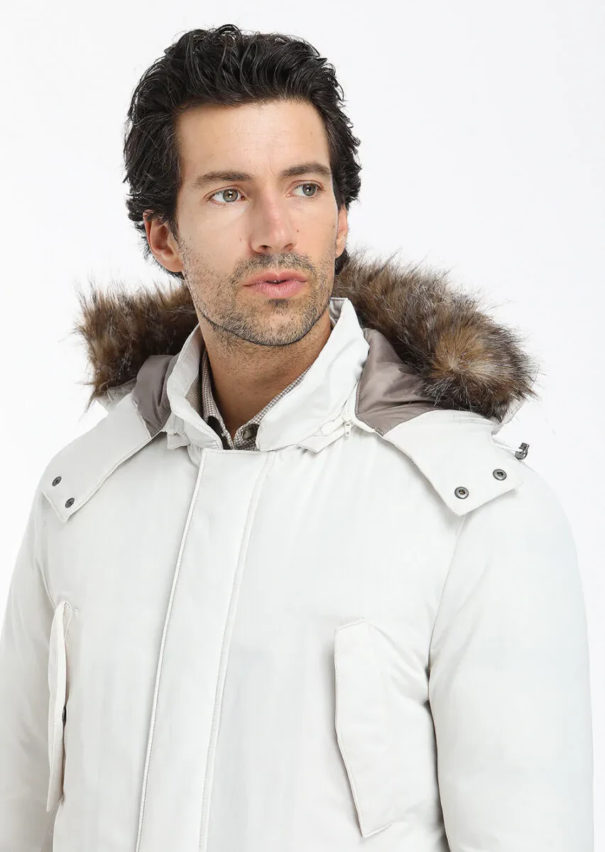 Ekru Regular Fit Kapüşonlu Casual Dokuma Kaban - 2