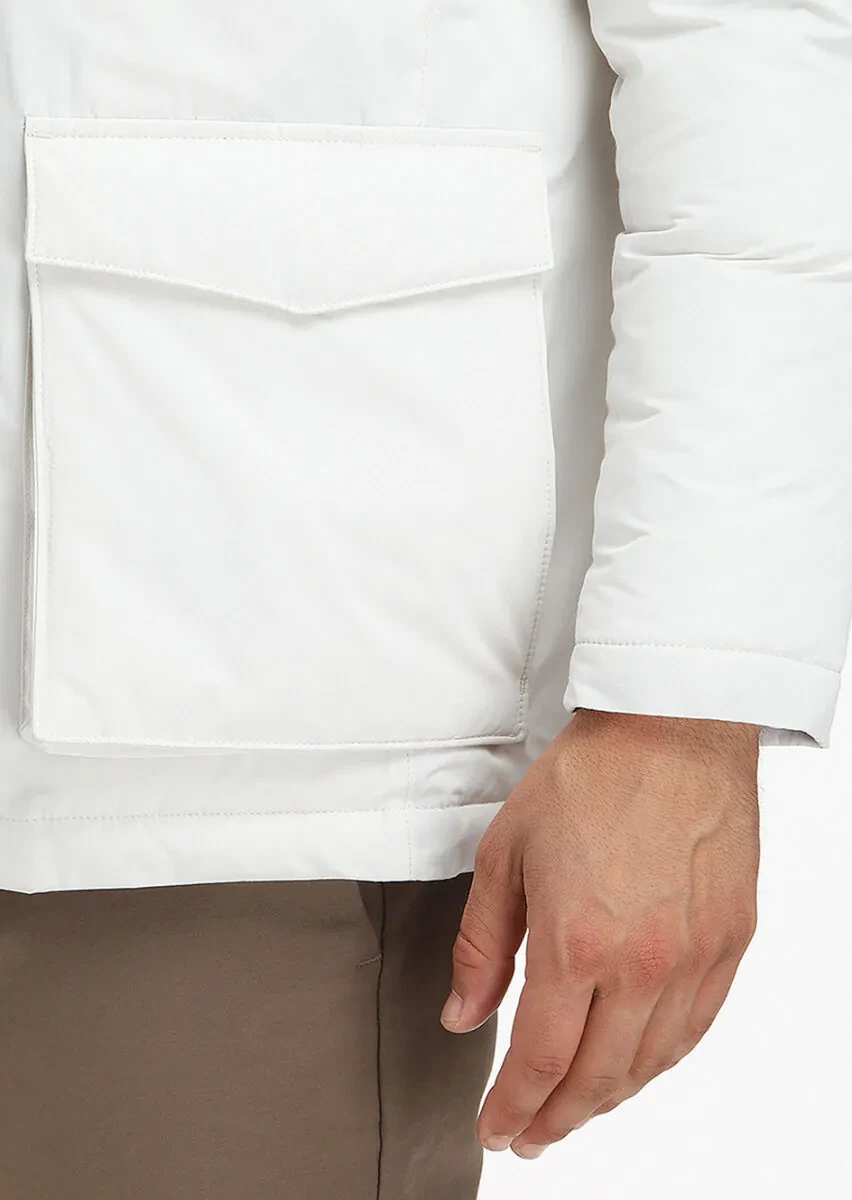 Ekru Regular Fit Kapüşonlu Casual Dokuma Kaban - 3