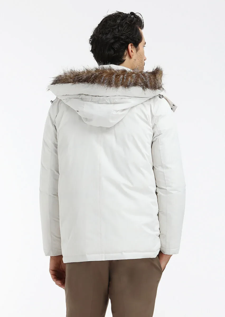 Ekru Regular Fit Kapüşonlu Casual Dokuma Kaban - 5