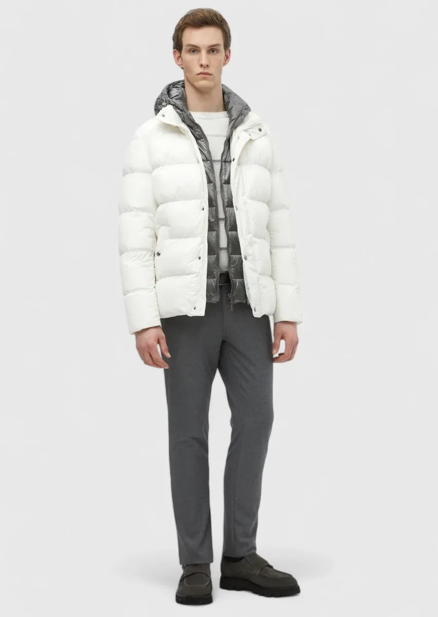 Ekru Regular Fit Kapüşonlu Casual Dokuma Mont - 2