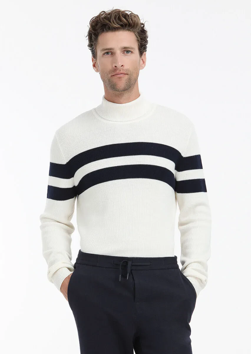 Ekru Tam Balıkçı Yaka Çizgili Yün Karışımlı Triko Kazak - 2