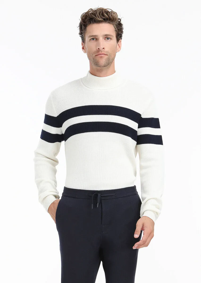 Ekru Tam Balıkçı Yaka Çizgili Yün Karışımlı Triko Kazak - 5