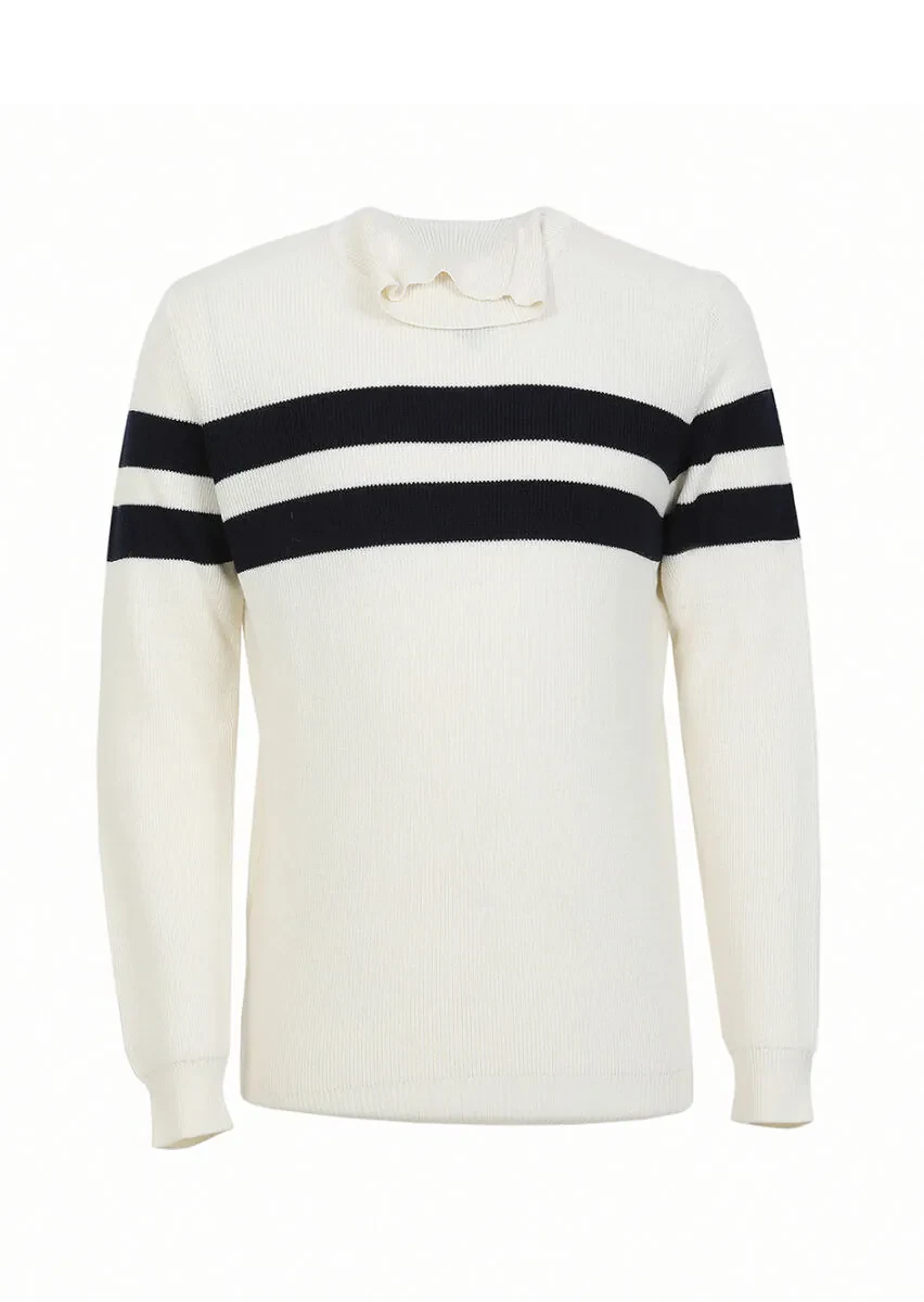Ekru Tam Balıkçı Yaka Çizgili Yün Karışımlı Triko Kazak - 7
