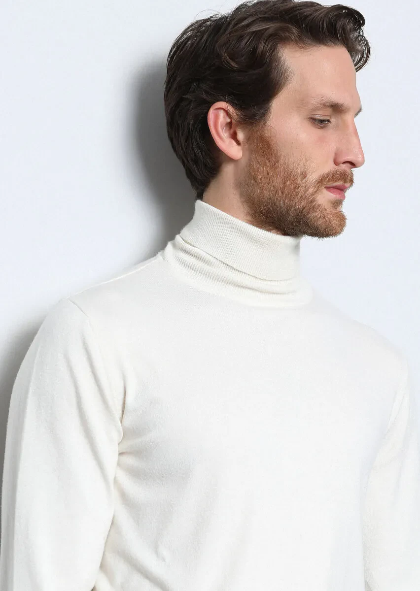 Ekru Tam Balıkçı Yaka Düz Örgü Triko Kazak - 1