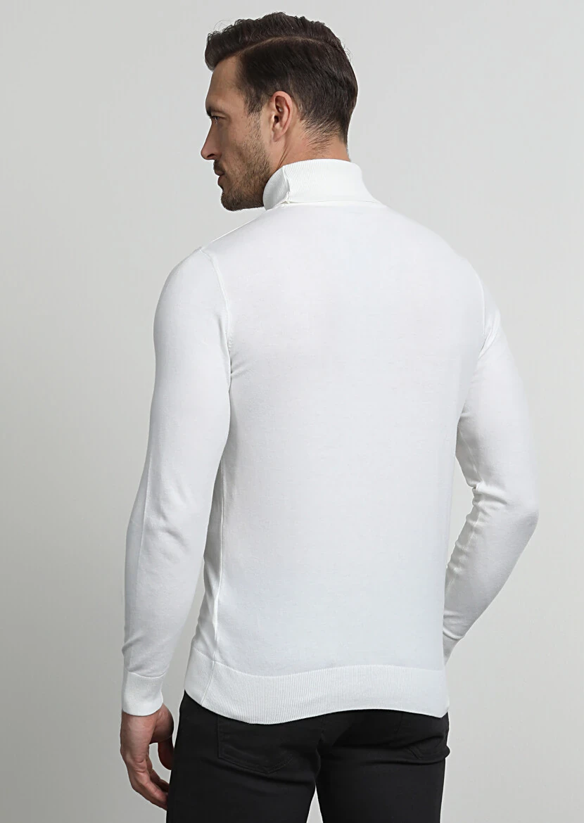 Ekru Tam Balıkçı Yaka Düz Örgü Triko Kazak - 4