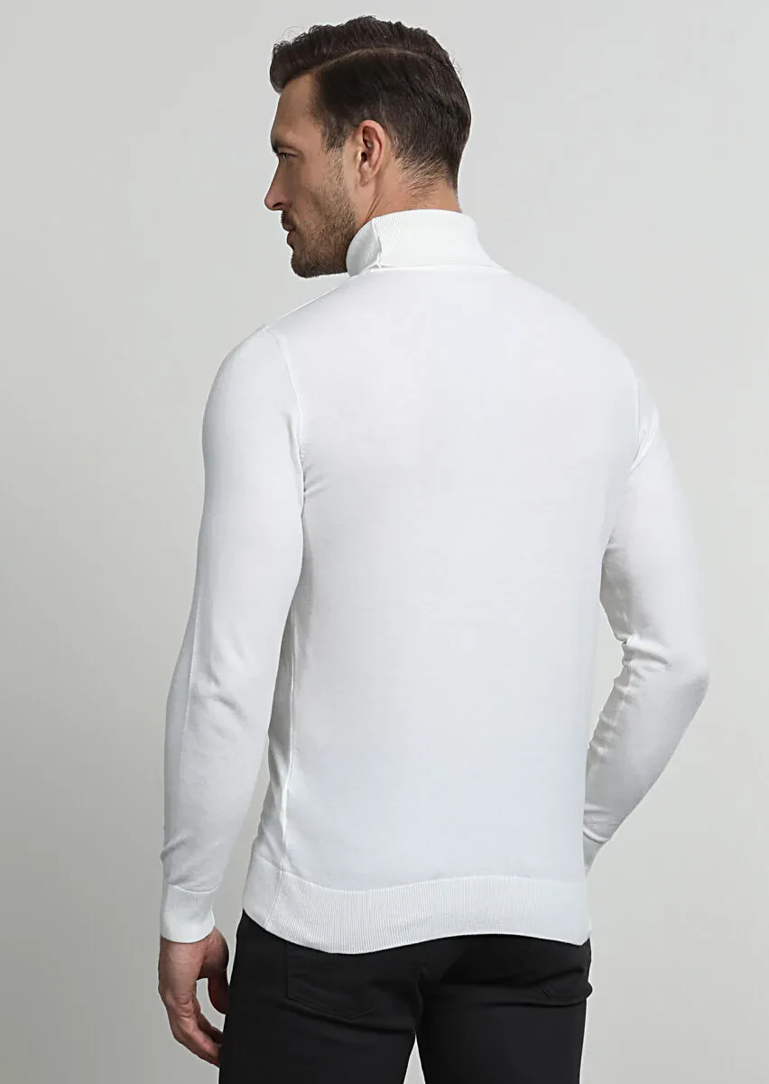 Ekru Tam Balıkçı Yaka Düz Örgü Triko Kazak - 4