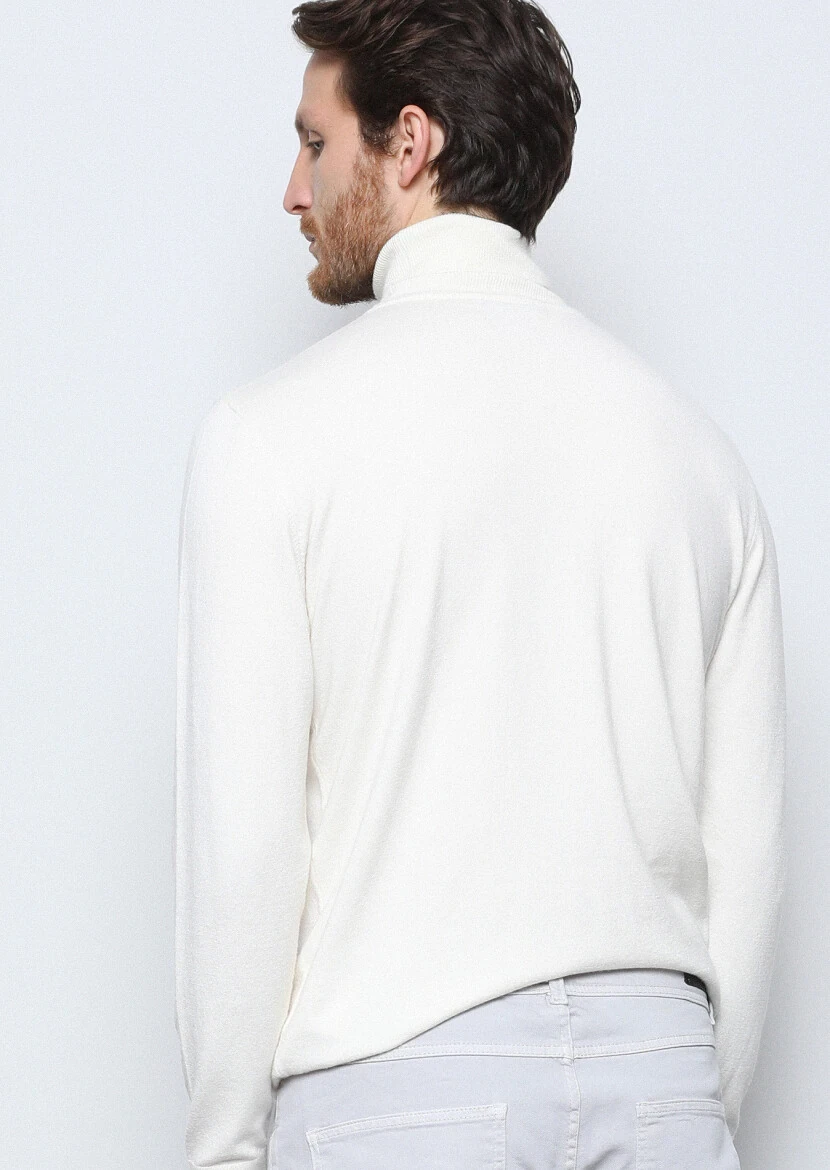Ekru Tam Balıkçı Yaka Düz Örgü Triko Kazak - 5