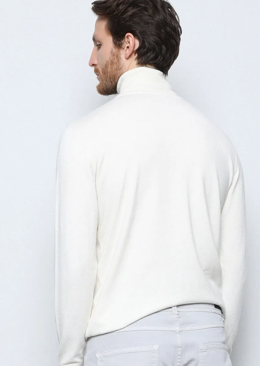 Ekru Tam Balıkçı Yaka Düz Örgü Triko Kazak - 5