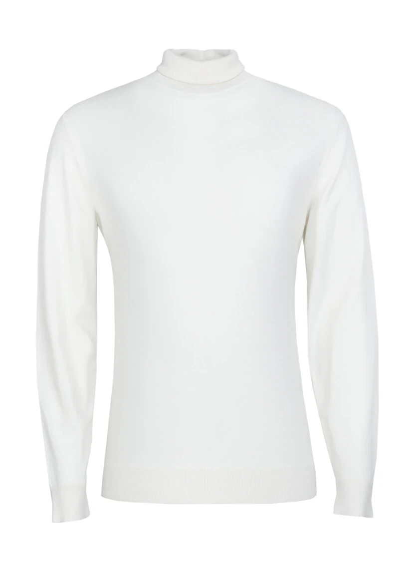 Ekru Tam Balıkçı Yaka Düz Örgü Triko Kazak - 6