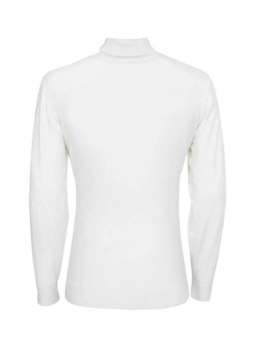 Ekru Tam Balıkçı Yaka Düz Örgü Triko Kazak - 7