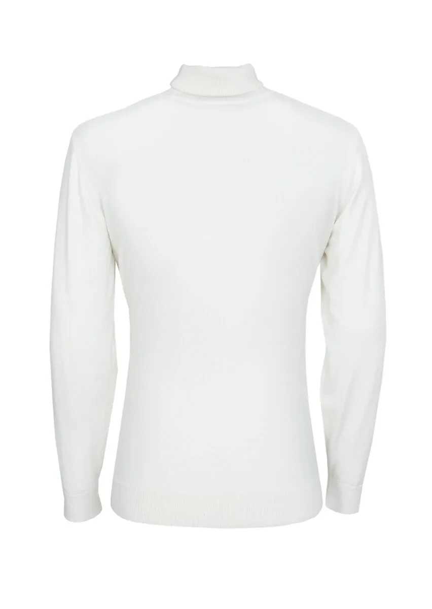 Ekru Tam Balıkçı Yaka Düz Örgü Triko Kazak - 7