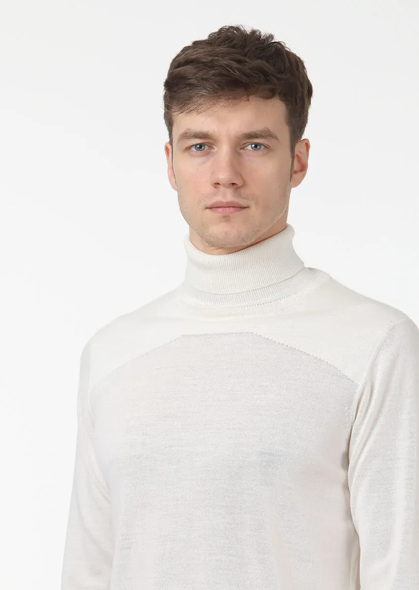 Ekru Tam Balıkçı Yaka Düz Örgü Yün Karışımlı Triko Kazak - 2
