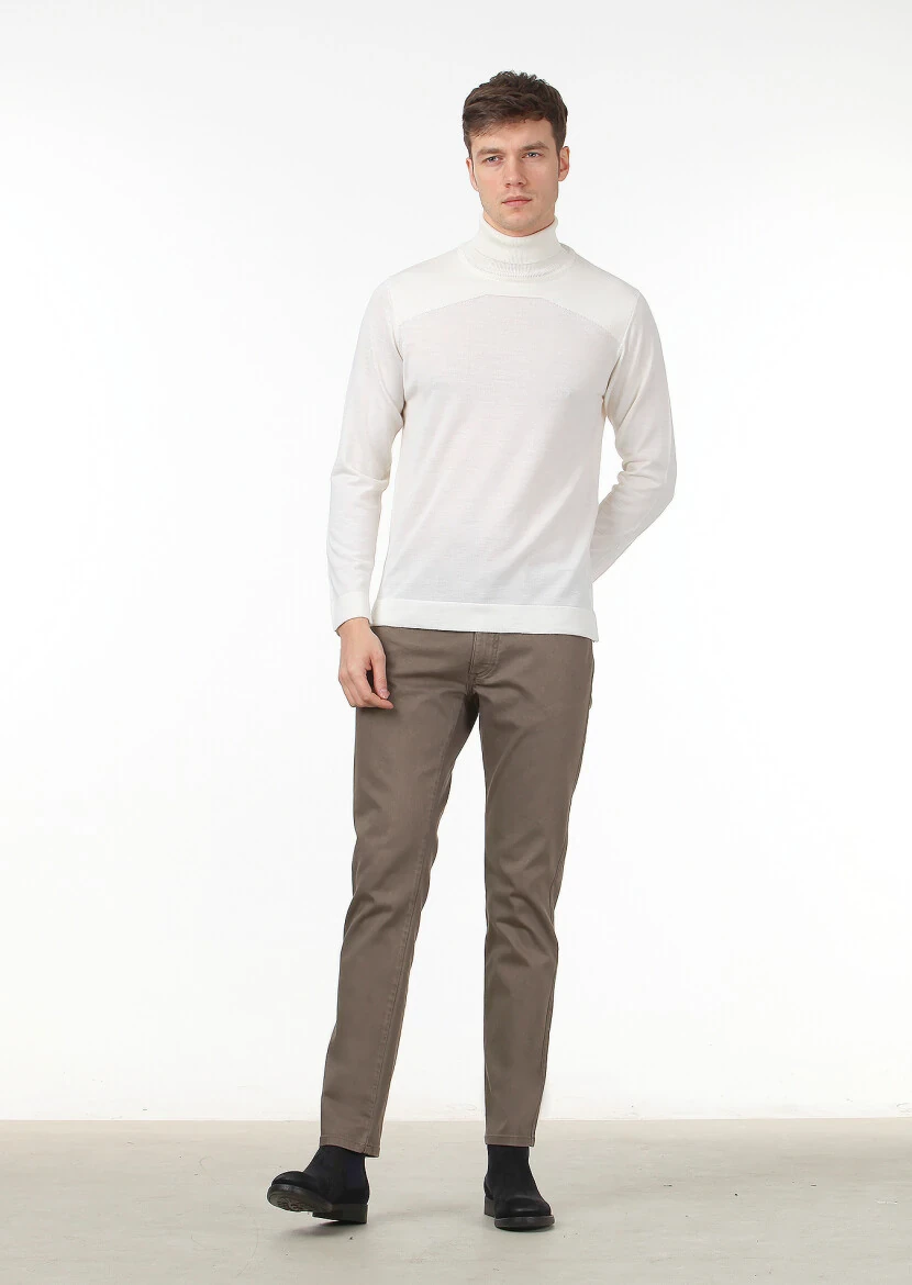 Ekru Tam Balıkçı Yaka Düz Örgü Yün Karışımlı Triko Kazak - 3