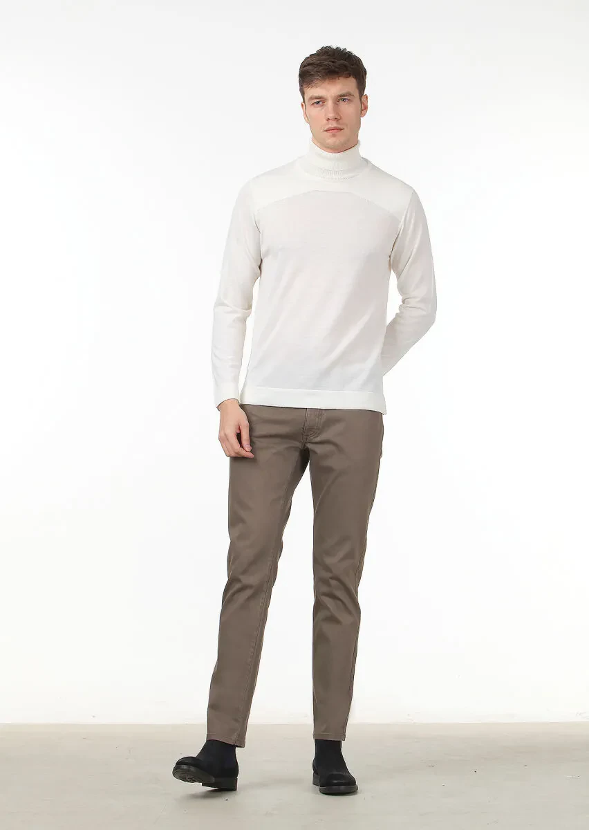 Ekru Tam Balıkçı Yaka Düz Örgü Yün Karışımlı Triko Kazak - 3