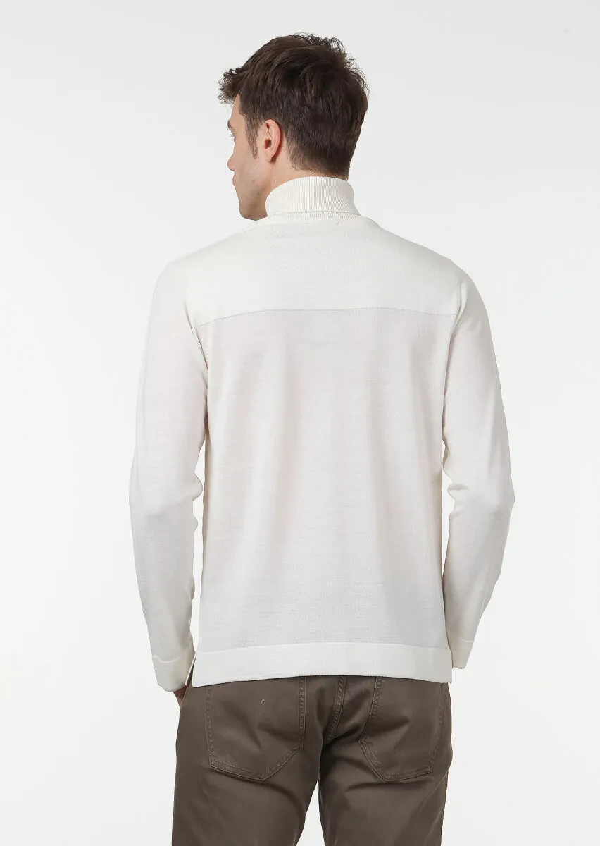 Ekru Tam Balıkçı Yaka Düz Örgü Yün Karışımlı Triko Kazak - 4
