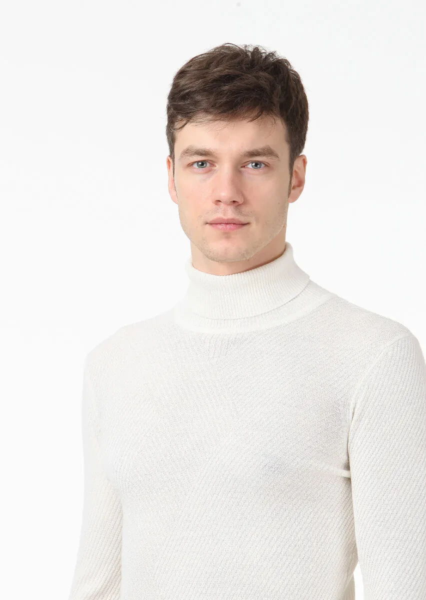 Ekru Tam Balıkçı Yaka Jakarlı Yün Karışımlı Triko Kazak - 2