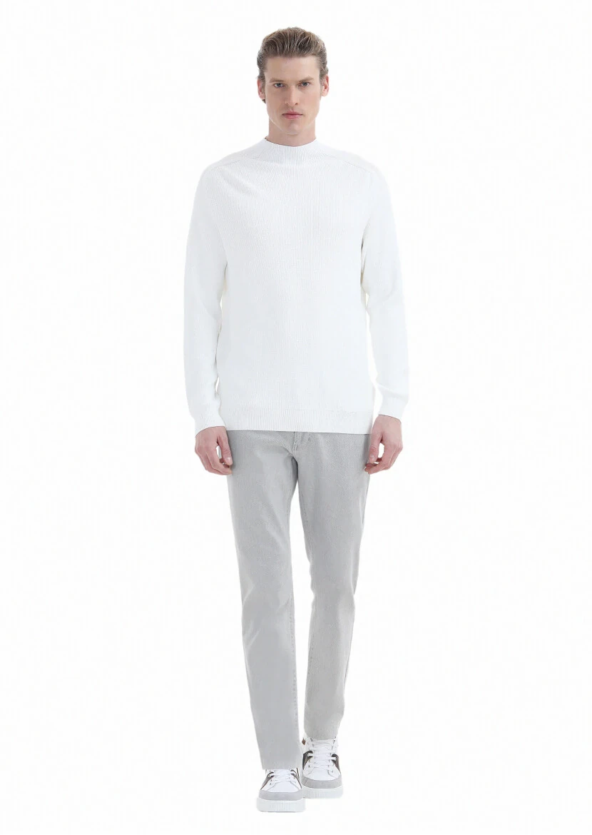 Ekru Yarım Balıkçı Yaka Jakarlı Triko Kazak - 1