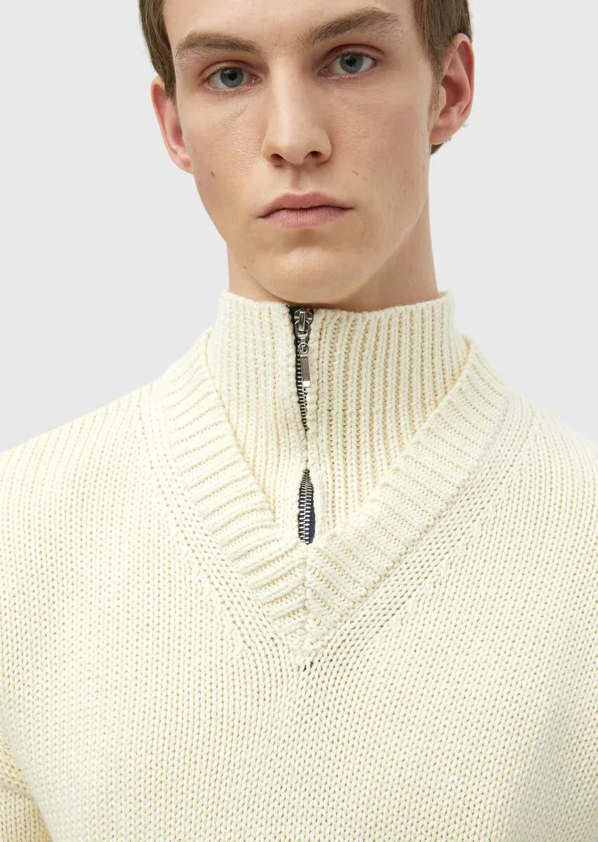 Ekru Yarım Balıkçı Yaka Selanik %100 Pamuk Triko Kazak - 4