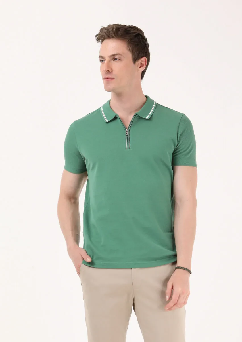Green Jacquard Polo Neck 100% Cotton T-Shirt - 1