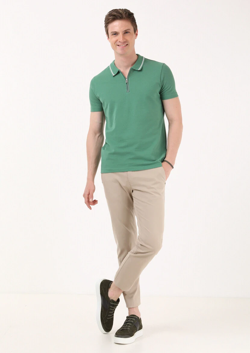 Green Jacquard Polo Neck 100% Cotton T-Shirt 