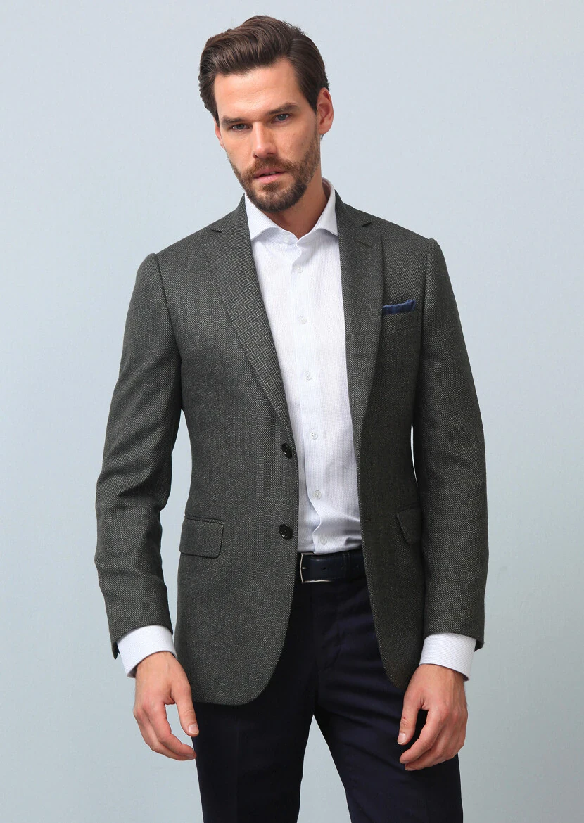 Green Micro Regular Fit Silk Blended Jacket - 3