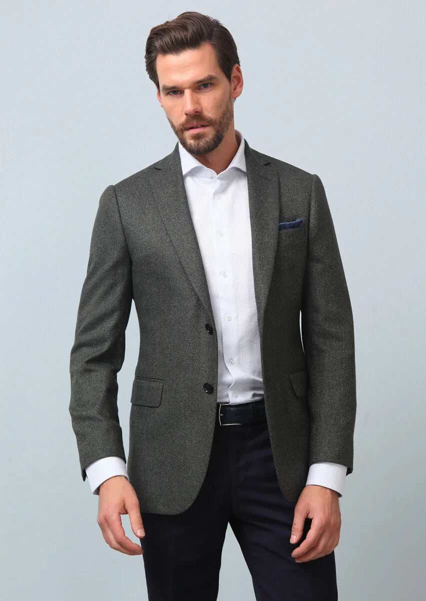 Green Micro Regular Fit Silk Blended Jacket - 3