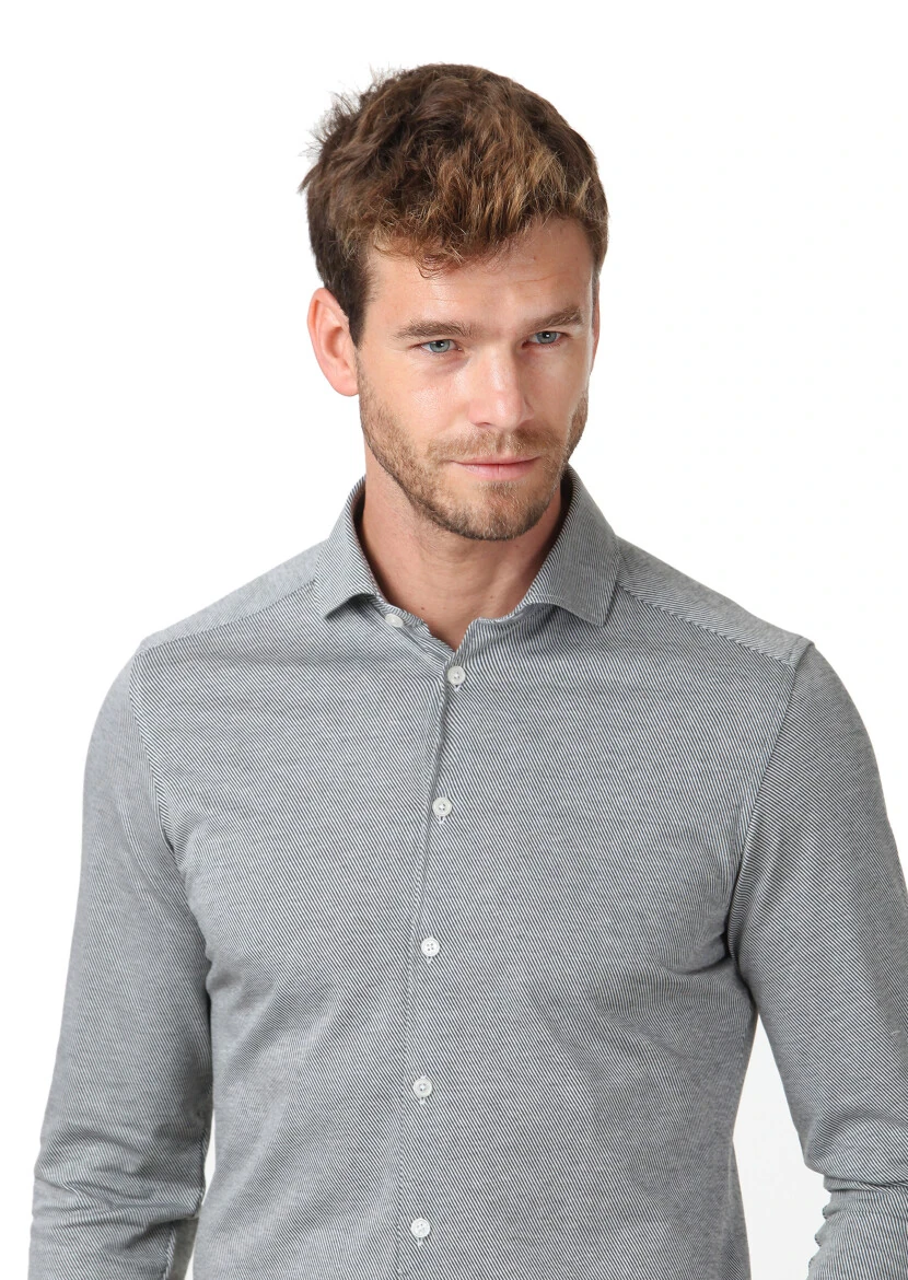 Green Patterned Slim Fit Knitting Casual 100% Cotton Shirt - 3