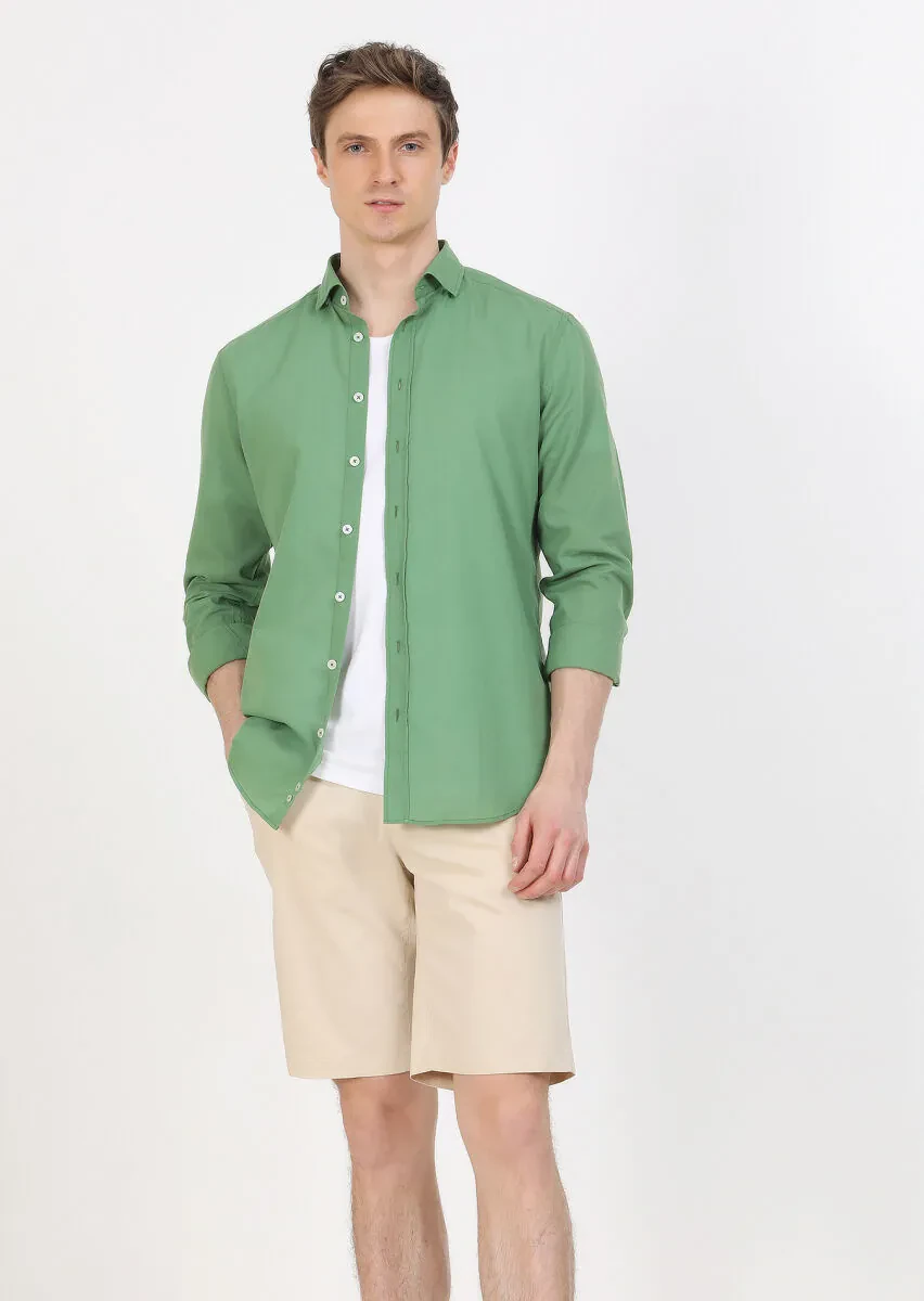 Green Plain Regular Fit Weaving Casual 100% Cotton Shirt - 1