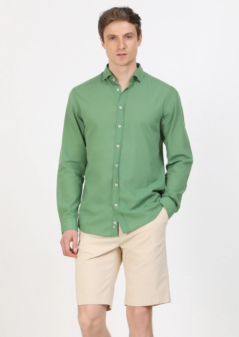 Green Plain Regular Fit Weaving Casual 100% Cotton Shirt - 2