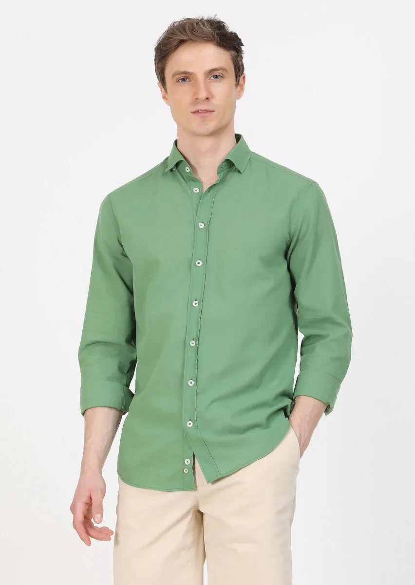 Green Plain Regular Fit Weaving Casual 100% Cotton Shirt - 5