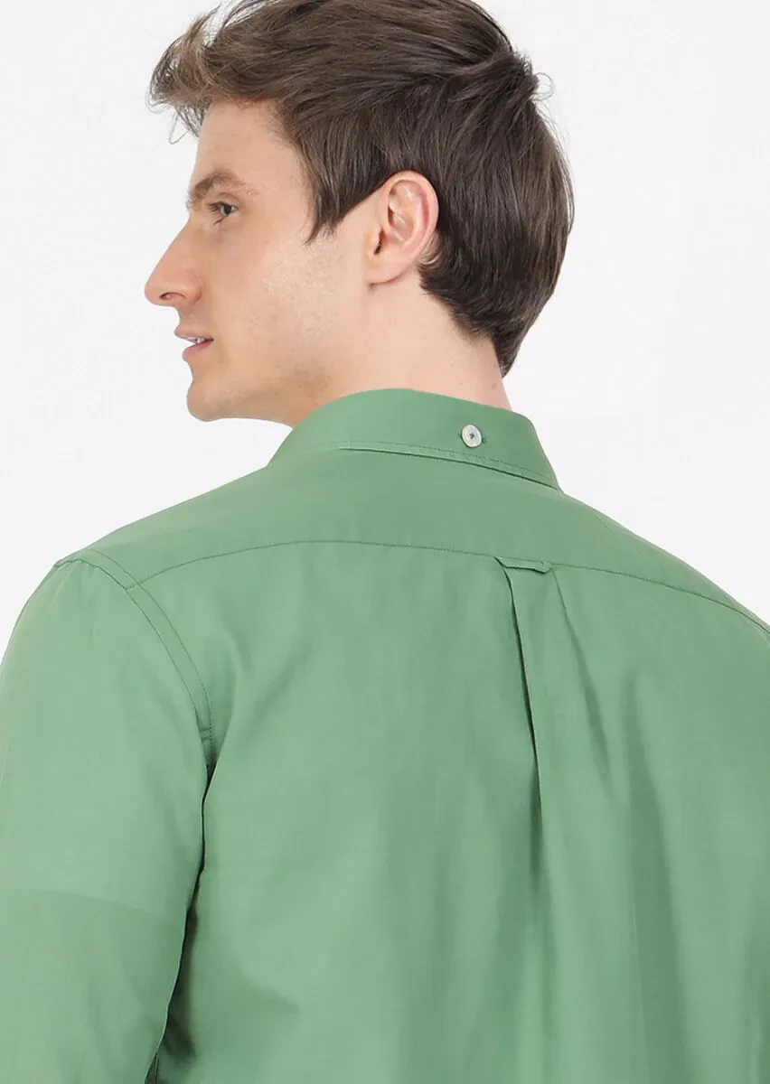 Green Plain Regular Fit Weaving Casual 100% Cotton Shirt - 6