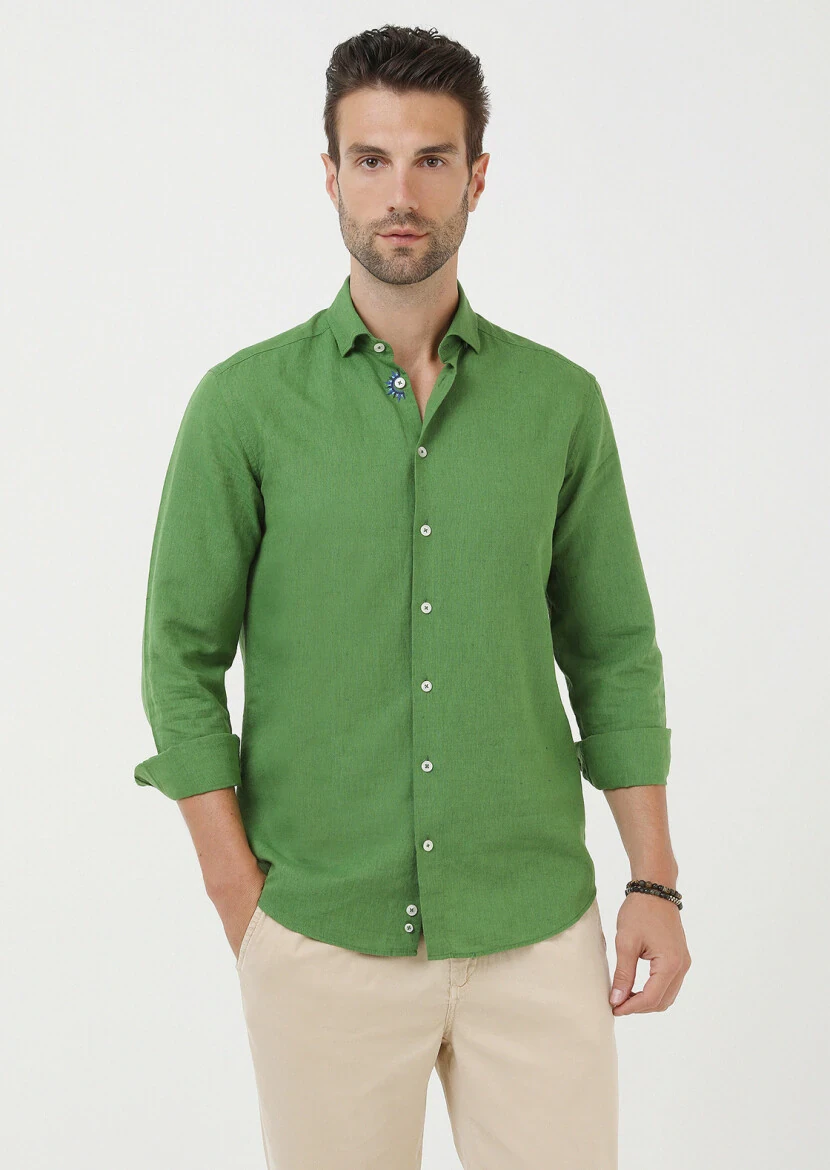 Green Plain Regular Fit Weaving Casual Cotton Blended Shirt - 1