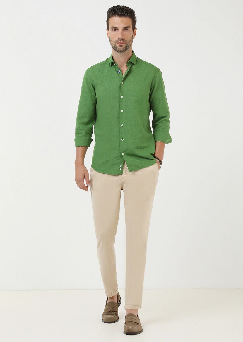 Green Plain Regular Fit Weaving Casual Cotton Blended Shirt - 3