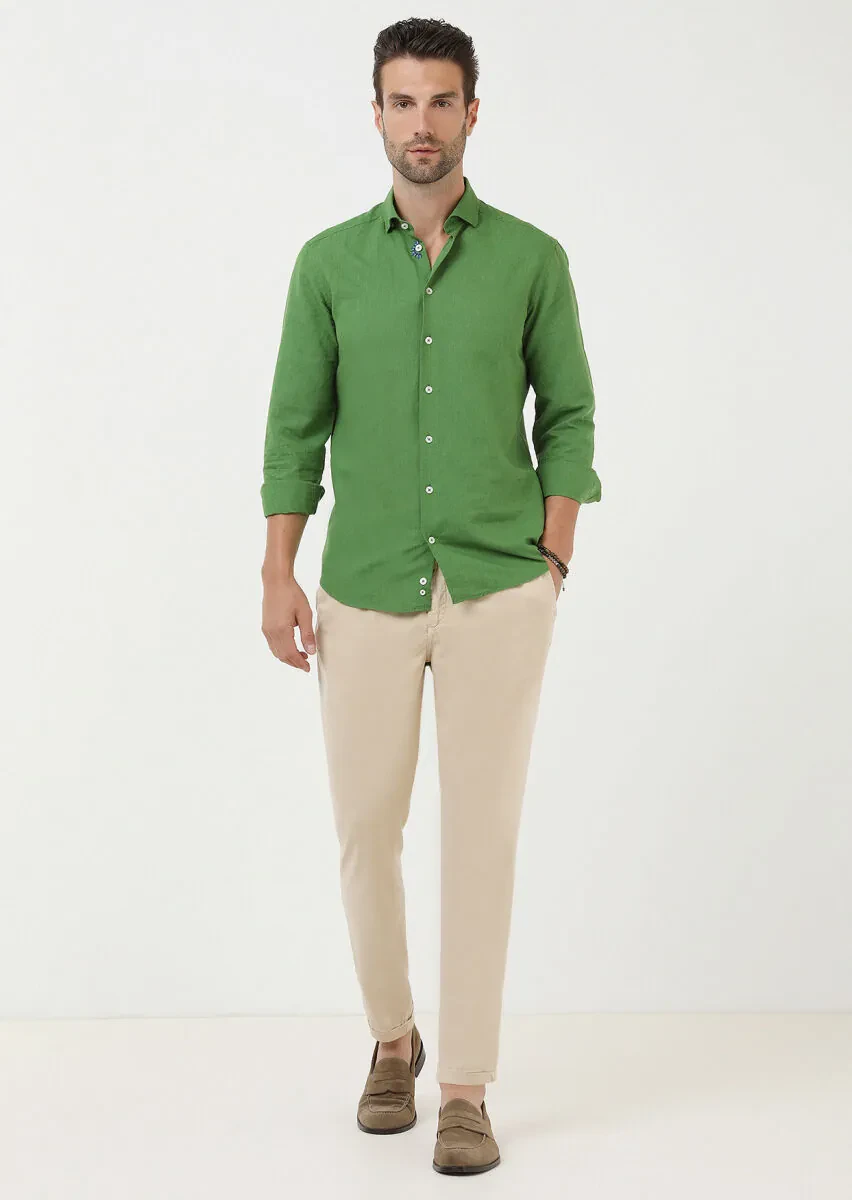Green Plain Regular Fit Weaving Casual Cotton Blended Shirt - 3
